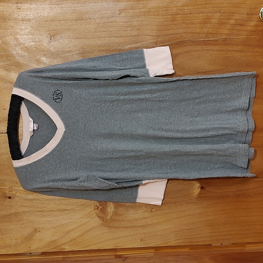 Victoria's Secret Comfy Nightgown Gray & Pink ¾-Sleeve V-Neck 100% Cotton Size M